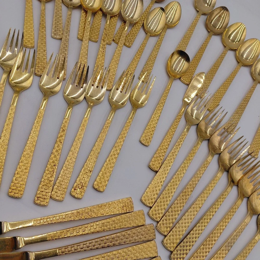 Stanley Roberts Inc. Gold Flatware Stainless Japan Golden Basket Weave 47 Pcs